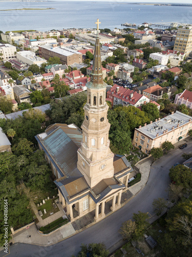 Aerial view of historic church and city in Charleston, South Carolina.