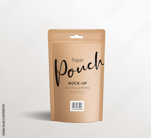 Brown paper kraft pouch bags, front view packaging mock up template design, on white background Eps 10 vector illustration