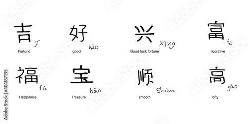 Illustration of Chinese new year greetings Eight word character handwriting. Children's handwriting practice on isolated white background.