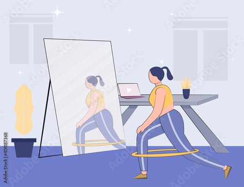 Women in pose doing exercise watching yoga classes online on the laptop. sport at home online classes. Concept of online lessons or yoga studio classes with an instructor for banner