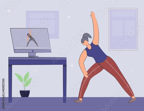 Women in pose doing exercise watching yoga classes online on the laptop. sport at home online classes. Concept of online lessons or yoga studio classes with an instructor for banner