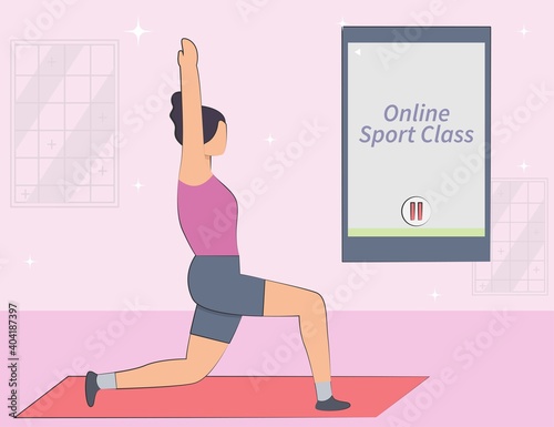 Women in pose doing exercise watching yoga classes online on the laptop. sport at home online classes. Concept of online lessons or yoga studio classes with an instructor for banner