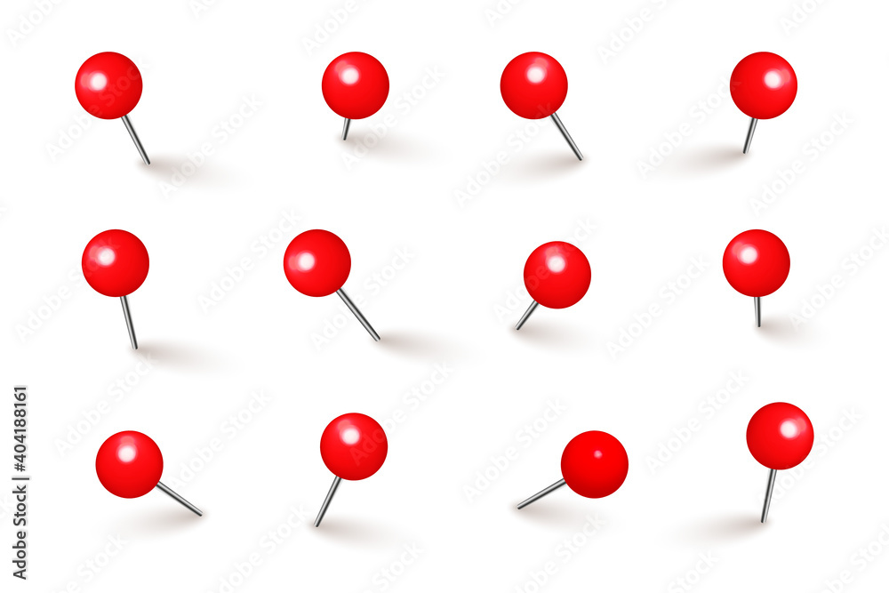 Realistic red push pins. Board tacks isolated on white background. Plastic pushpin with needle. Vector illustration.