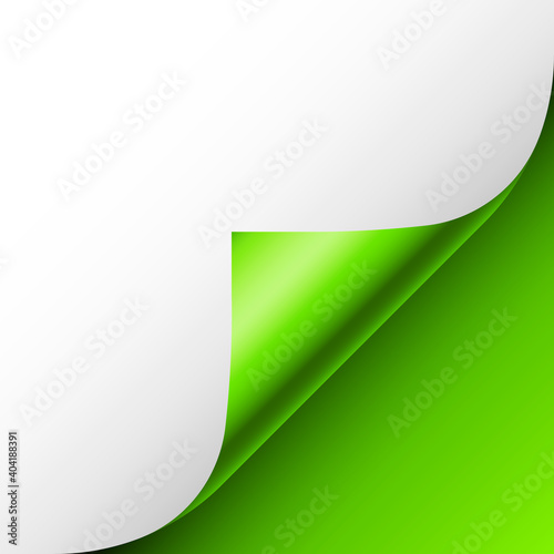 Green paper curl. Curled page corner with shadow. Blank sheet of paper. Colorful shiny foil. Design element for advertising and promotion. Vector illustration.