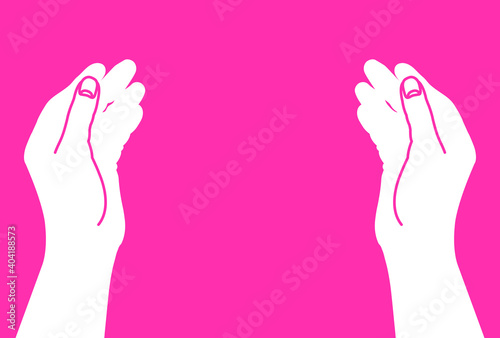 両手で包み込むようにしているイラスト【ピンク色の背景】