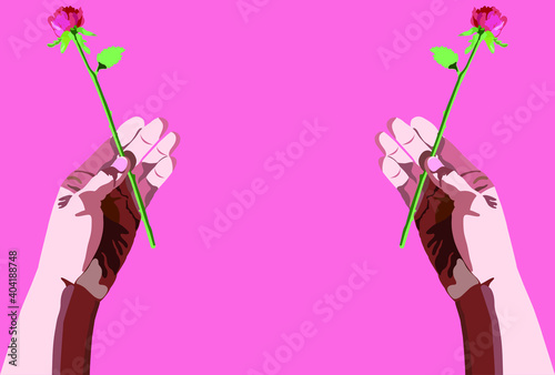 一輪の薔薇を持った手のイラスト【ピンク色の背景】