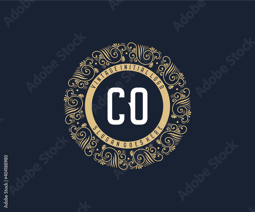Initial CO Antique retro luxury victorian calligraphic emblem logo with ornamental frame.