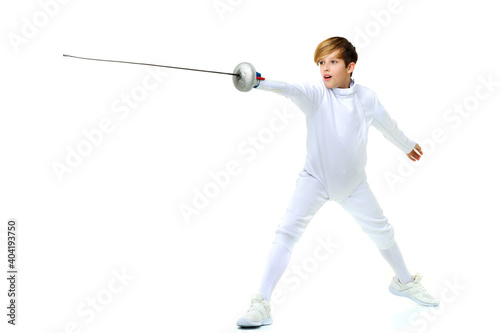 Fencer boy practicing effective technique