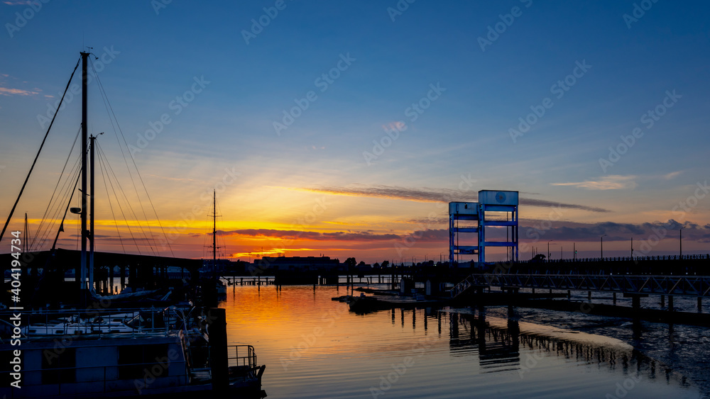 Mare Island bridge towers seen from the marina on a beautiful sunset
