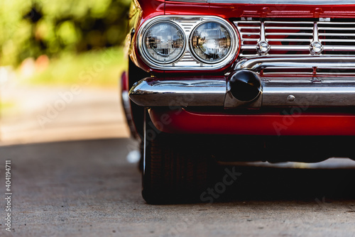 Car headlights.Exterior of retro vintage style car.