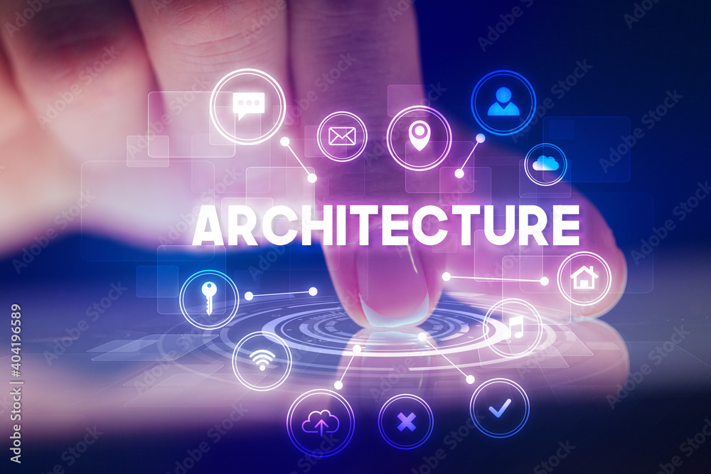 Finger touching tablet with web technology icons and ARCHITECTURE inscription, web technology concept Finger touching tablet with web technology icons and ARCHITECTURE inscription, web technology concept