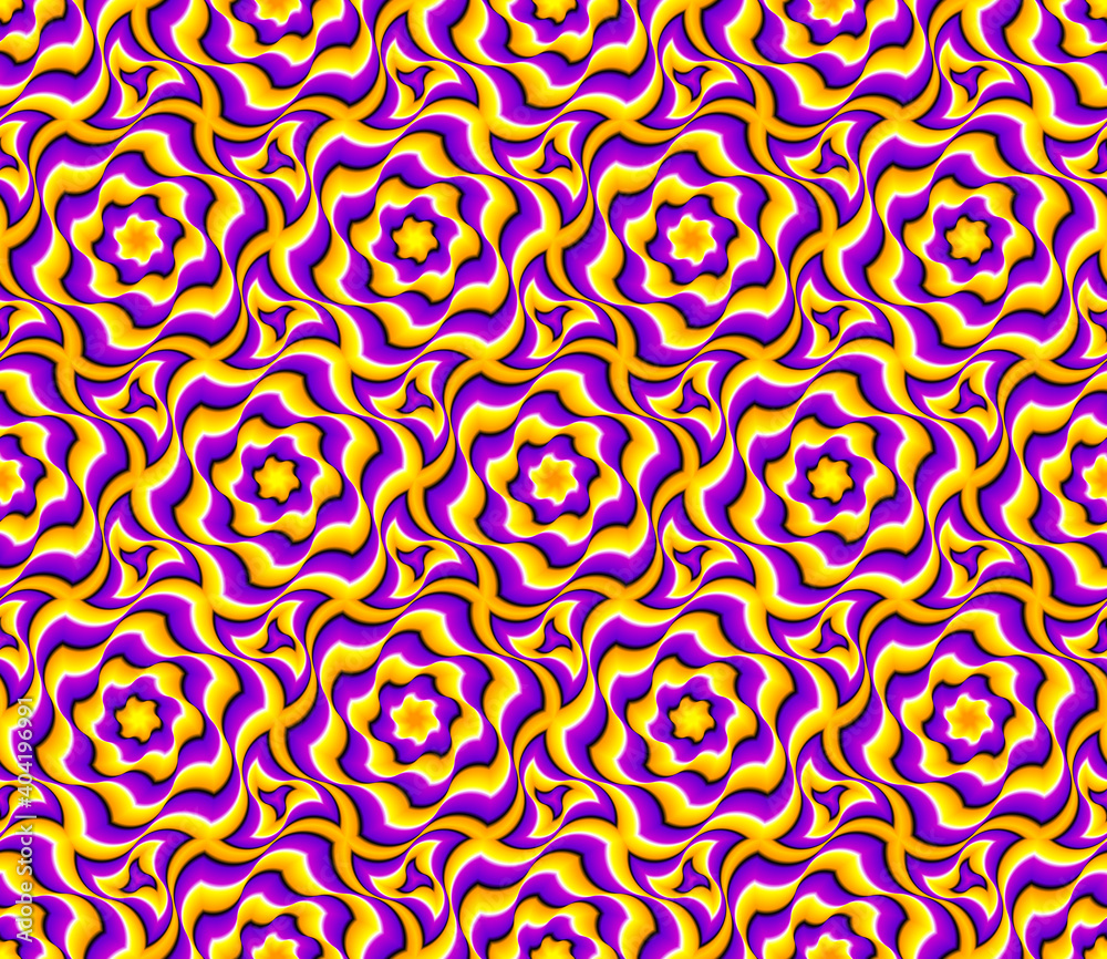 Yellow and purple wrapping paper with flowers. Optical illusion of movement. Seamless pattern. Yellow and purple wrapping paper with flowers. Optical illusion of movement. Seamless pattern.