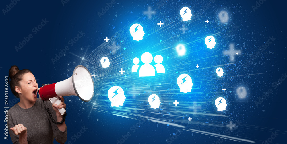 Fototapeta premium Young person yellin in loudspeaker with people icon, social networking concept