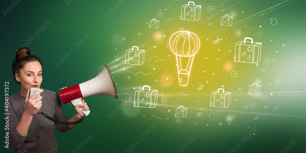 Young person shouting in megaphone and hot-air balloon icon, healthy eating concept Young person shouting in megaphone and hot-air balloon icon, healthy eating concept