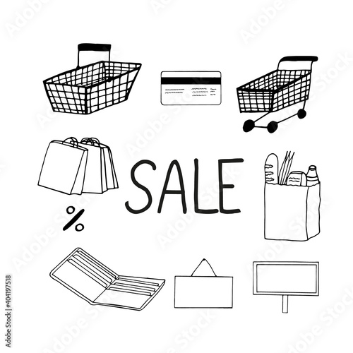 shopping trolley, basket, bags, credit card, percentage sign, wallet, sale signboard, pack with groceries set icon. sketch hand drawn doodle style. vector minimalism monochrome. discounts, shop.