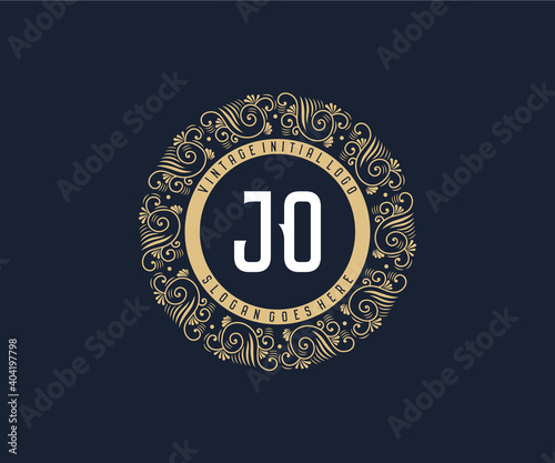 Initial JO Antique retro luxury victorian calligraphic emblem logo with ornamental frame.