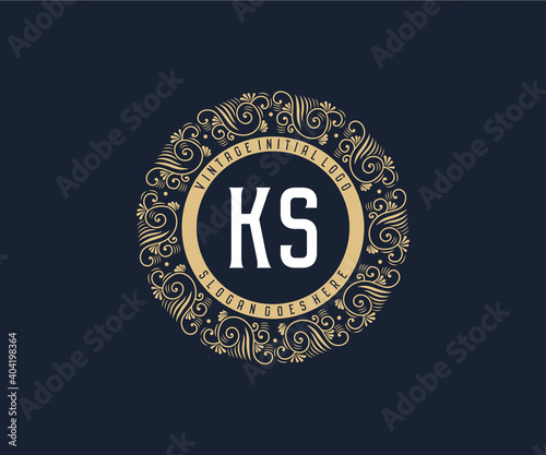 KS Antique retro luxury victorian calligraphic emblem logo with ornamental frame.
