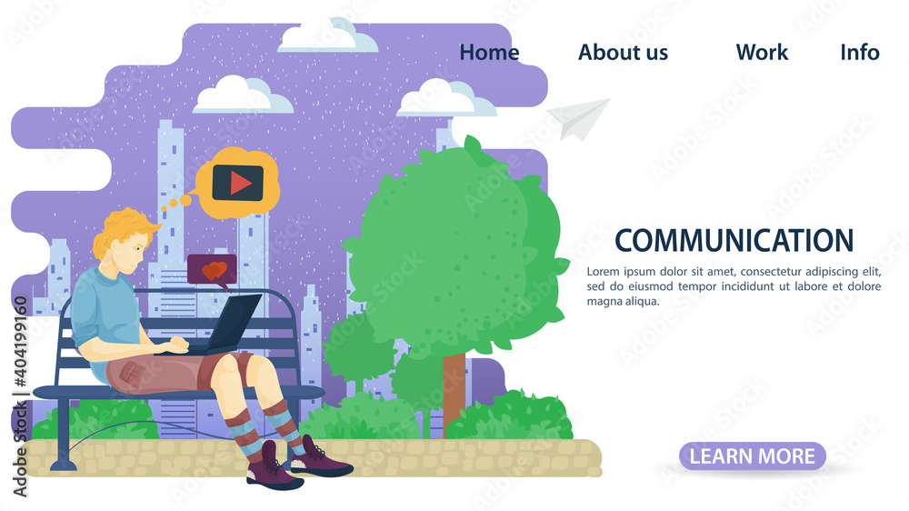 A man with a laptop is sitting on a bench in the park and chatting For the design of a Website Or Mobile applications Flat Vector Illustration