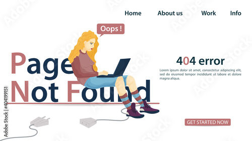 A girl with a laptop sits on the inscription page not found banner for the design of a website Or Mobile applications error 404 Flat Vector Illustration