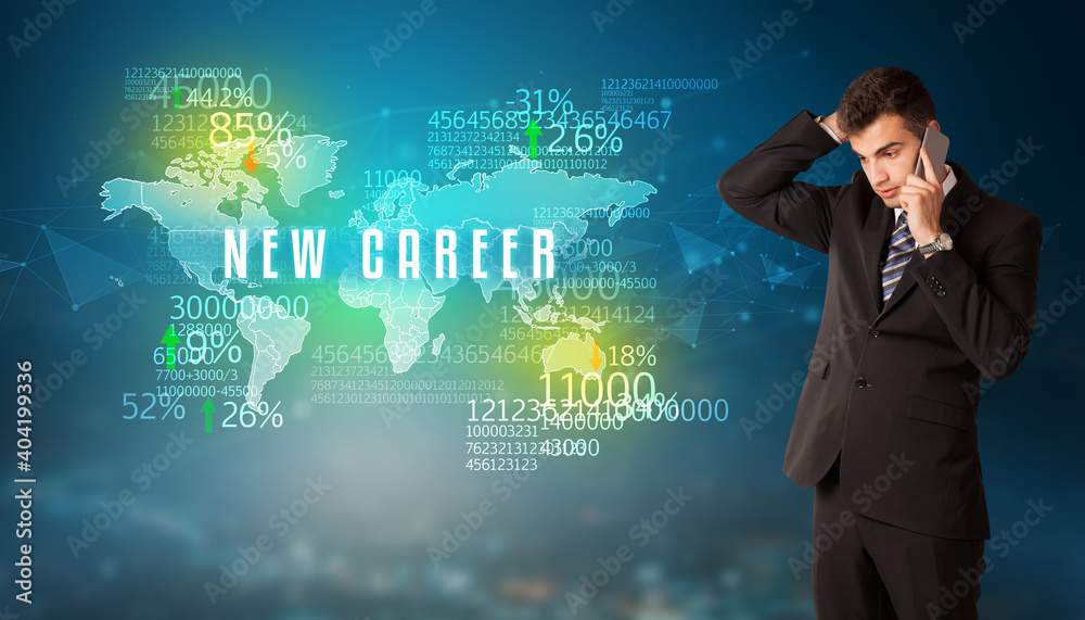Businessman in front of a decision with NEW CAREER inscription, business concept Businessman in front of a decision with NEW CAREER inscription, business concept