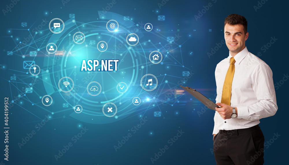 Businessman thinking in front of technology related icons and ASP.NET inscription, modern technology concept Businessman thinking in front of technology related icons and ASP.NET inscription, modern technology concept
