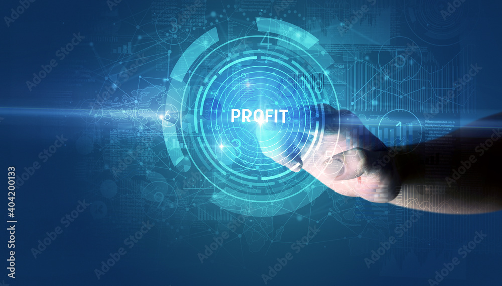 Hand touching PROFIT button, modern business technology concept Hand touching PROFIT button, modern business technology concept