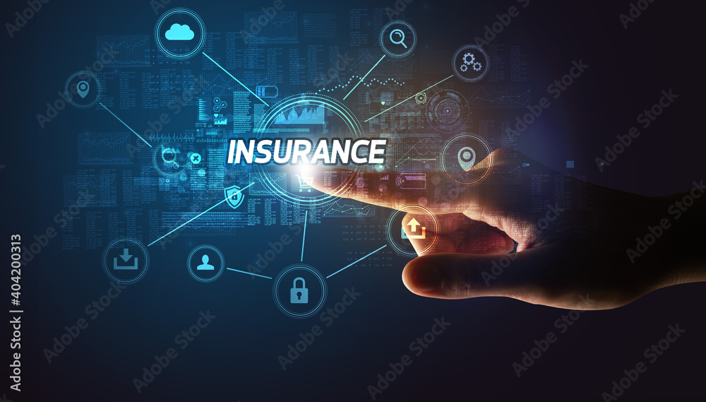 Hand touching INSURANCE inscription, Cybersecurity concept Hand touching INSURANCE inscription, Cybersecurity concept