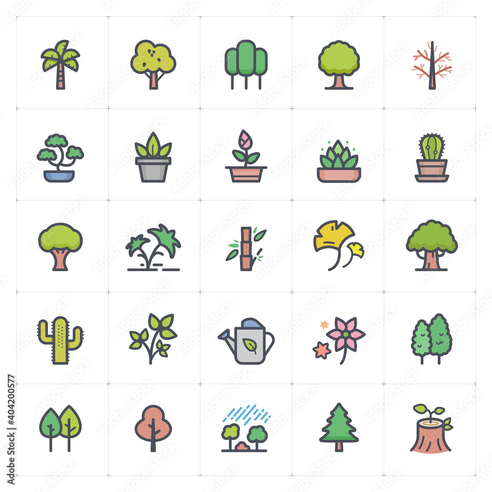 Icon set - Tree and Natural icon outline stroke with color vector illustration on white background