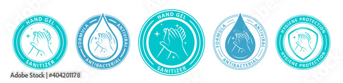 Hand sanitizer label with shield and water drop logo. Illustration antiseptic symbols. Medical antibacterial alcohol hand wash. Healthy safe product package tag. 