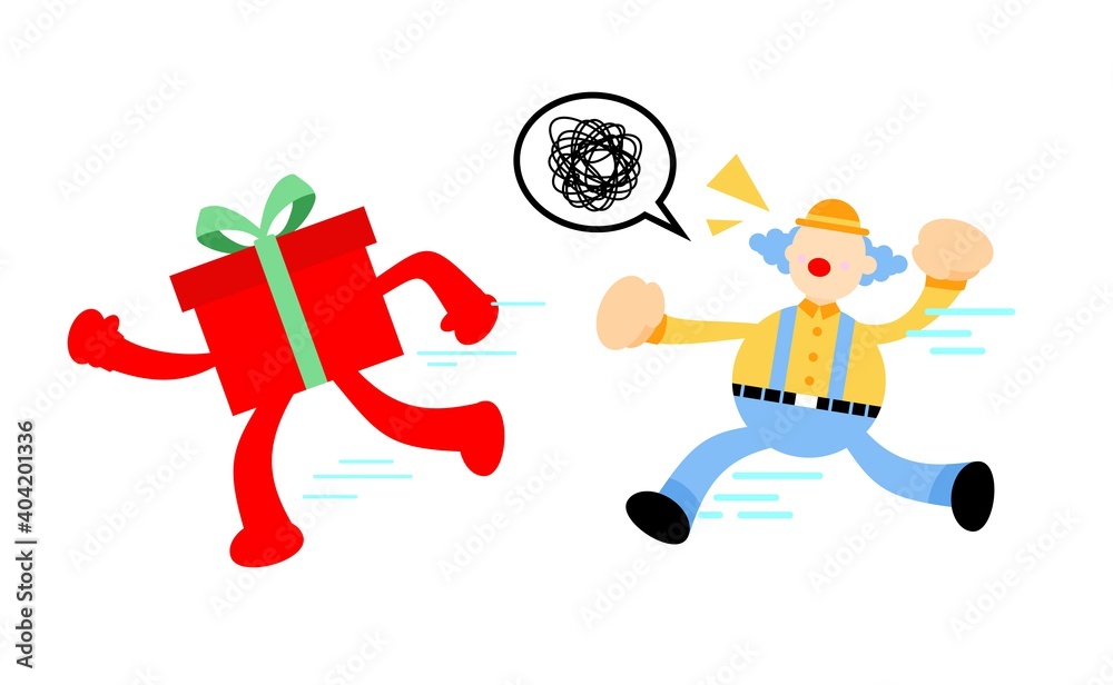 colorful clown run for gift box cartoon doodle vector illustration flat design style