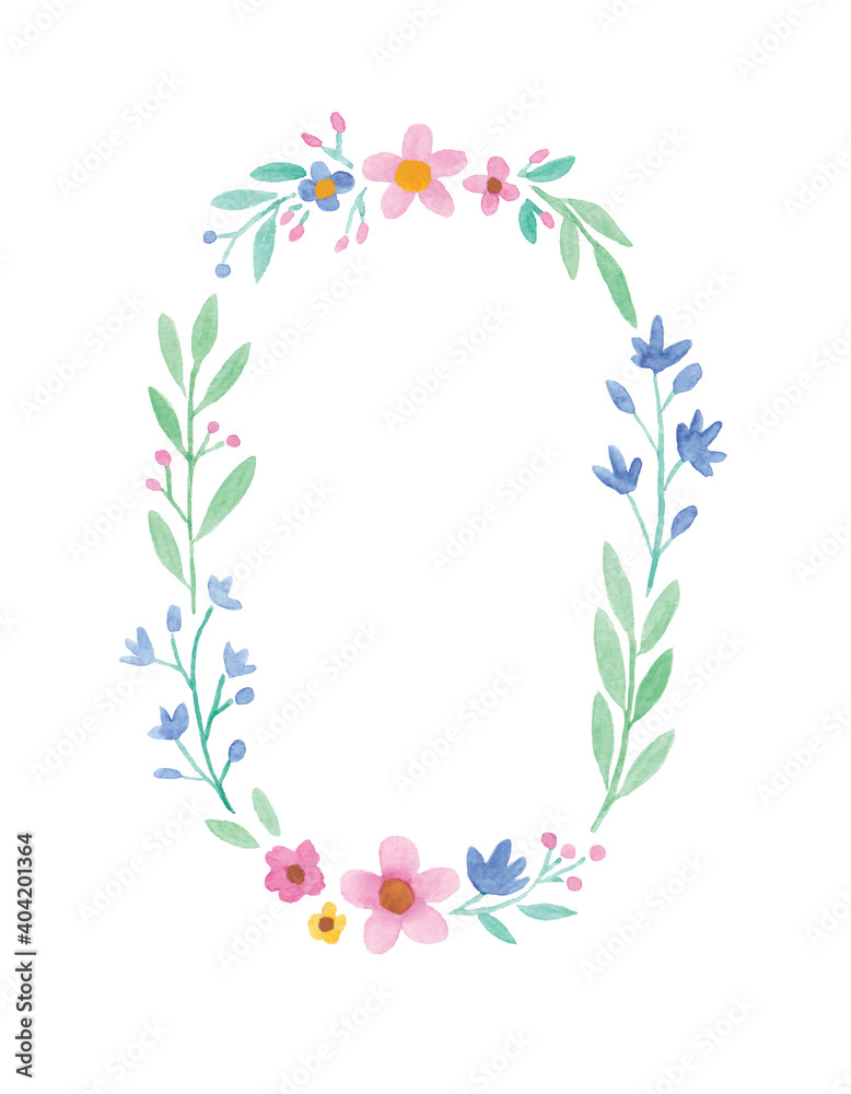 Watercolour floral wreath, isolated on white background, border, frame, banner for greeting card, wedding invitation, illustration