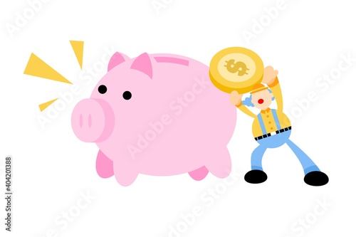happy clown and pig bank money dollar economy finance cartoon doodle vector illustration flat design style