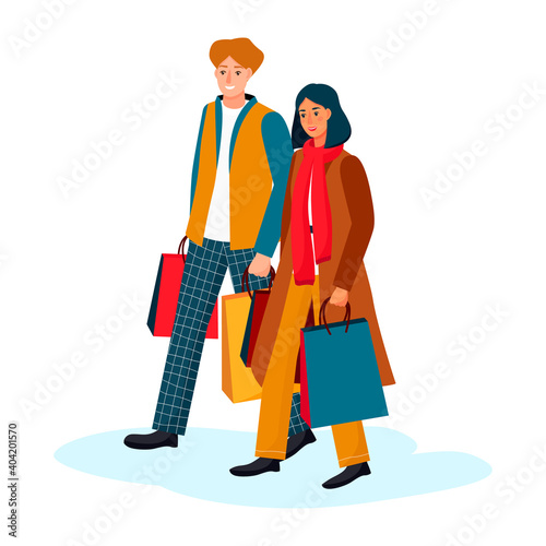 Happy couple go with paper shopping bags. Young stylish man woman go for gifts. Guy and girl in autumn winter clothes are shopping. vector illustration on white background. Flat style isolate concept