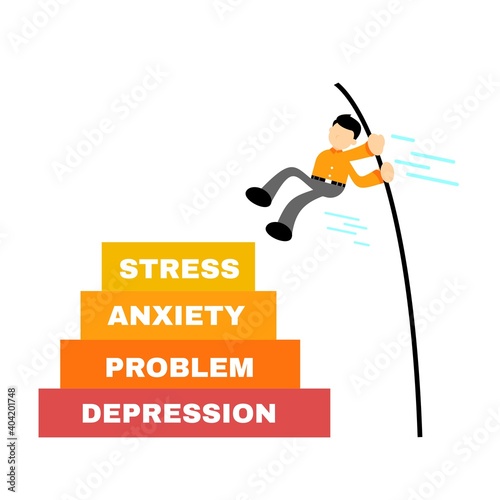 businessman worker pass stress anxiety problem depression problem with jump stick cartoon doodle flat design style vector illustration 