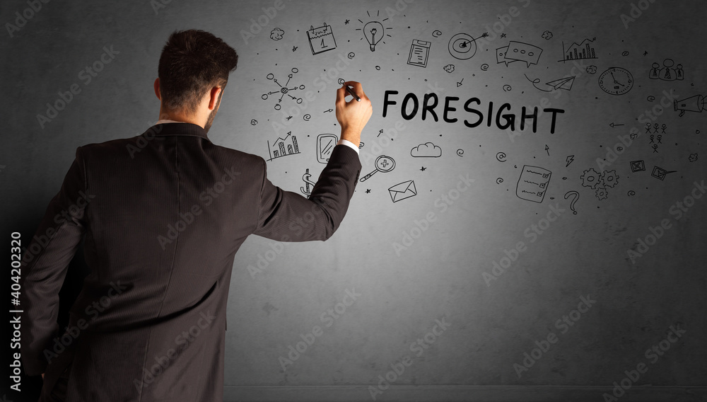 businessman drawing a creative idea sketch with FORESIGHT inscription, business strategy concept businessman drawing a creative idea sketch with FORESIGHT inscription, business strategy concept