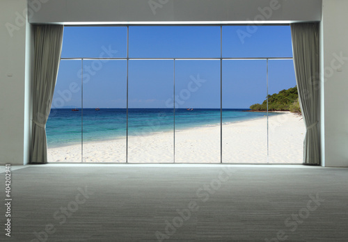 Summer  Travel  Vacation and Holiday concept - The open window  with sea views and look at sand  ocean  paradise  background   seascape  this is my  lifestyle is luxury   travel  beach   