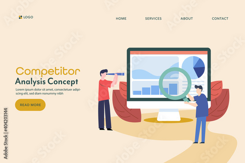 Business people analysing competitor data and statistics, market research and competitor analysis program. Vector illustration landing page template.