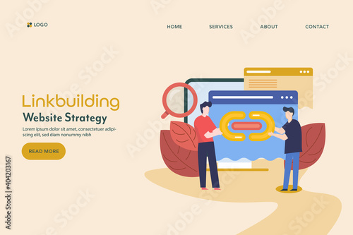 Link building seo, website marketing strategy. Seo team building links for business website ranking and increasing internet traffic. Flat design vector illustration.