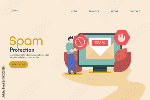 Spam protection concept. Spam email, man with with shield protecting data privacy, email and internet security. Flat design vector illustration.