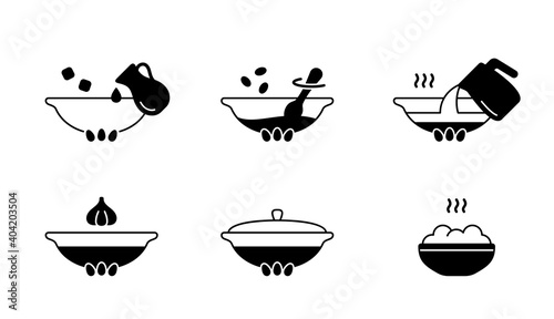 Pilaf cooking instruction. Preparation of dish for rice or spices packaging. Biryani or uzbek plov in cast-iron cauldron. Black outline icon. Silhouette isolated vector pictogram, white background photo