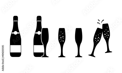 Champagne silhouette icon. Outline symbols set. Bottle, clinking glasses. Black simple illustration. Flat isolated vector pictogram on white background