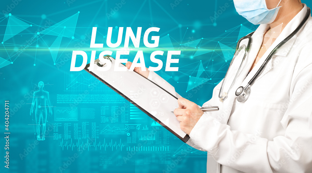 doctor writes notes on the clipboard with LUNG DISEASE inscription, medical diagnosis concept doctor writes notes on the clipboard with LUNG DISEASE inscription, medical diagnosis concept