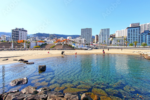 Fototapeta Naklejka Na Ścianę i Meble -  Atami Sun Beach on the Izu Peninsula, Shizuoka Prefecture, Japan.