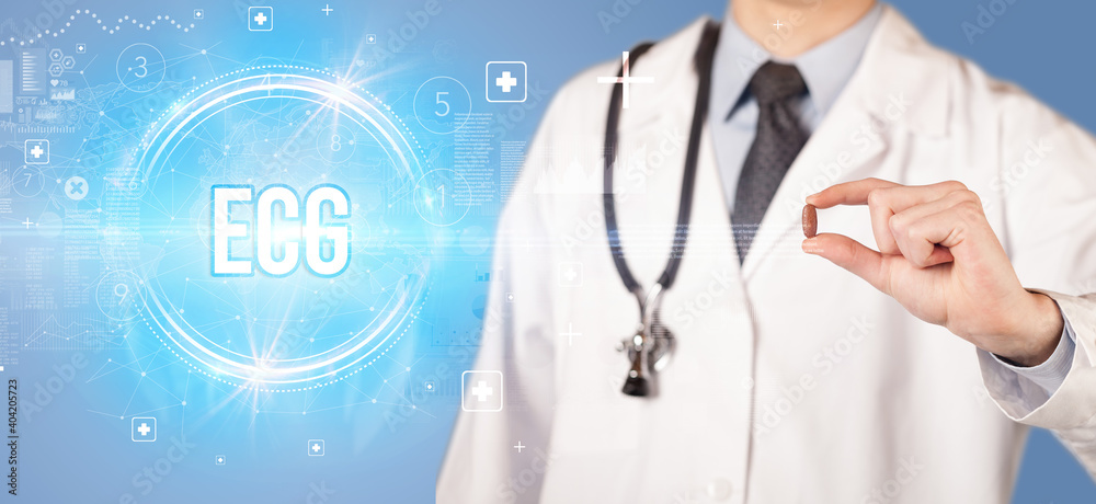 Close-up of a doctor giving you a pill with ECG abbreviation, virology concept Close-up of a doctor giving you a pill with ECG abbreviation, virology concept