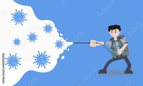 Illustration of a Man Killing a Virus with Disinfectant © Kiedayat