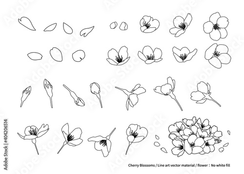 桜の花 線画イラスト素材 デザインパーツ 色々なアングル（白黒、線画、白背景、花：白塗りなし）