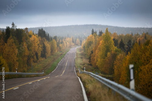Lonely road through northern Norway, with beautiful fall colors in the landscape and under typical rainy weather