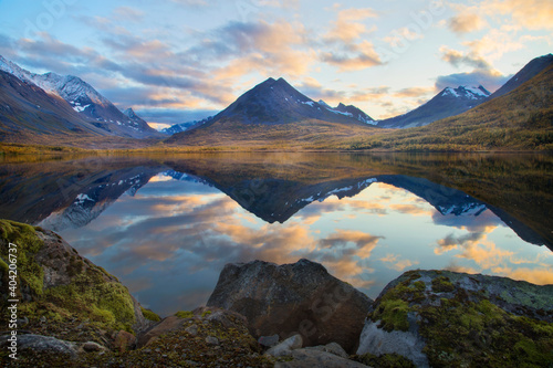 Beautiful mirror reflections from Nakkevatnet lake in northern Norway