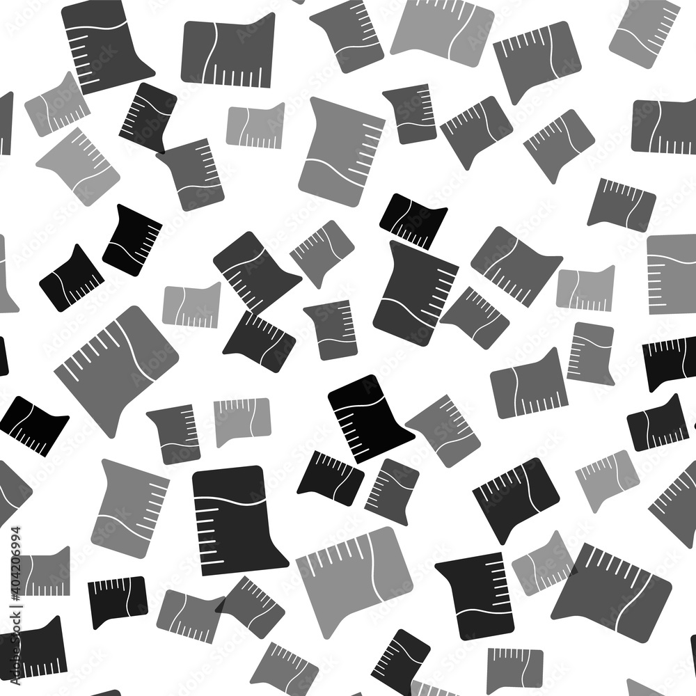 Black Measuring cup icon isolated seamless pattern on white background. Plastic graduated beaker with handle. Vector Illustration. Black Measuring cup icon isolated seamless pattern on white background. Plastic graduated beaker with handle. Vector Illustration.