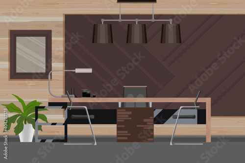 Director's office in flat style with working place, luzury wooden wall.